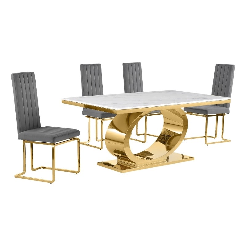 Best Quality Furniture White Marble Dining Set with Dark Gray Velvet Chairs