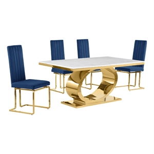 Best Quality Furniture White Marble Dining Set with Navy Blue Velvet Chairs