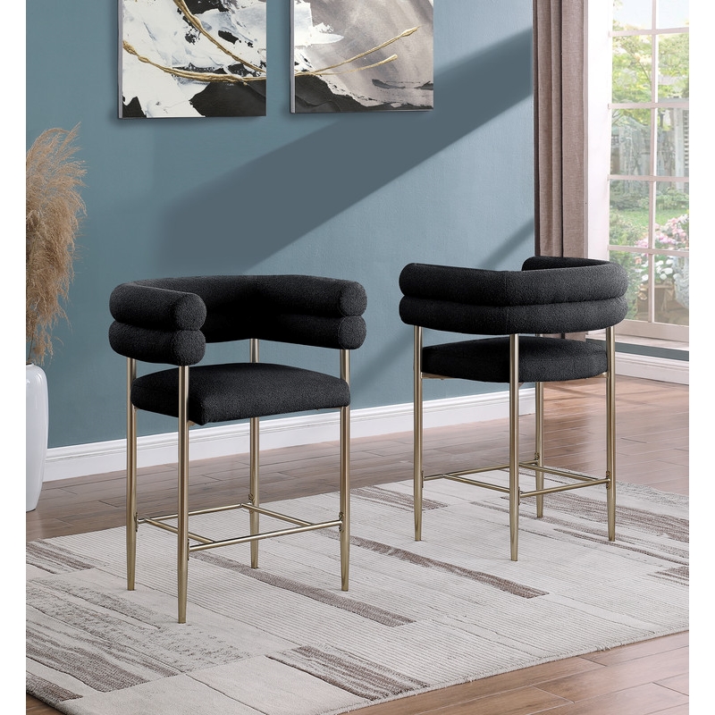 Best Quality 2 Set Teddy Fur Fabric Counter Chairs in Black with Gold Chrome