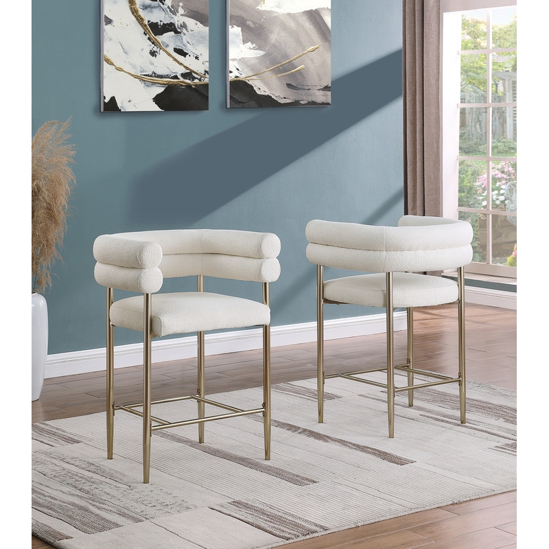 Best Quality 2 Set Teddy Fur Fabric Counter Chairs in Beige with Gold Chrome