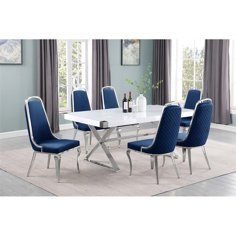 Best Quality Furniture 7PC Wood Dining Set (Dining Table + 6 Navy Blue Chairs)