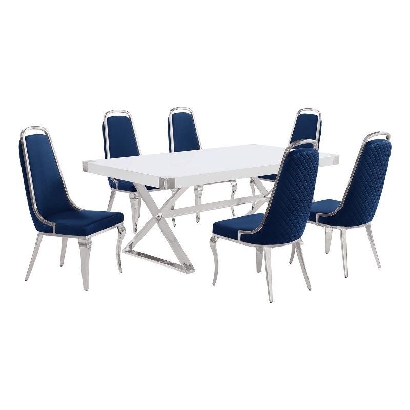Best Quality Furniture 7PC Wood Dining Set (Dining Table + 6 Navy Blue Chairs)