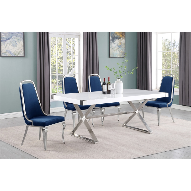 Best Quality Furniture 5PC Wood Dining Set (Dining Table + 4 Navy Blue Chairs)