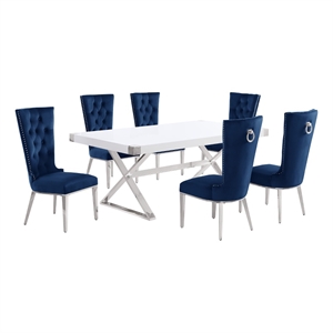 Best Quality Furniture 7PC Wood Dining Set (Dining Table + 6 Navy Blue Chairs)