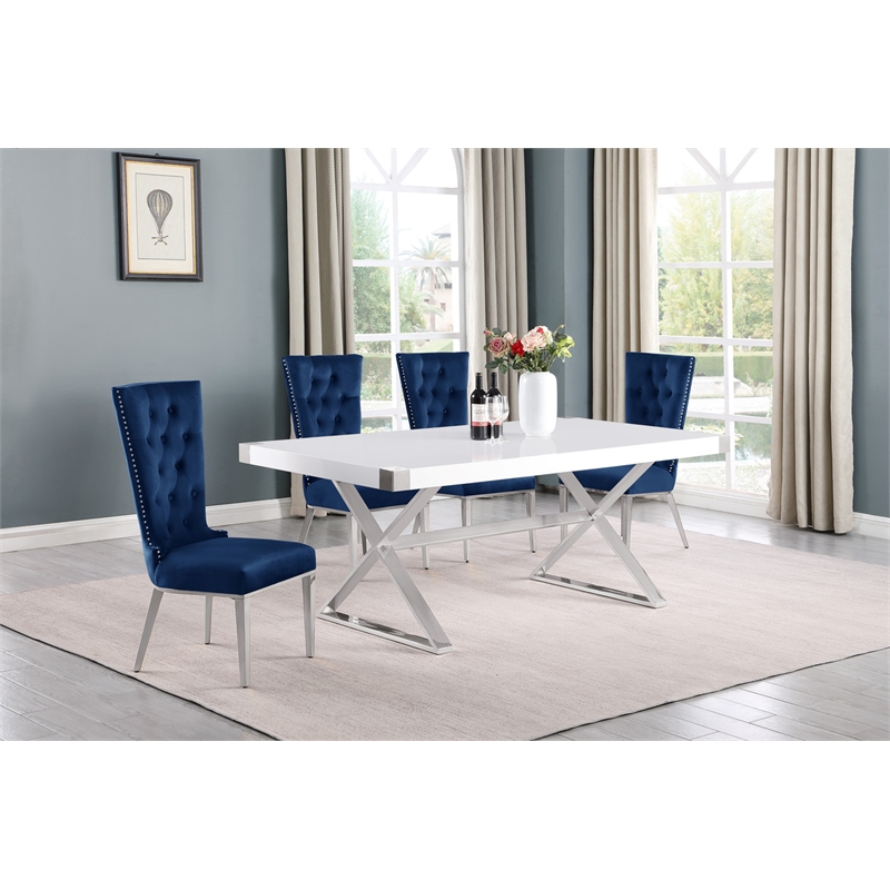 Best Quality Furniture 5PC Wood Dining Set (Dining Table + 4 Navy Blue Chairs)