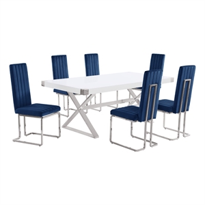 Best Quality Furniture 7PC Wood Dining Set (Dining Table + 6 Navy Blue Chairs)