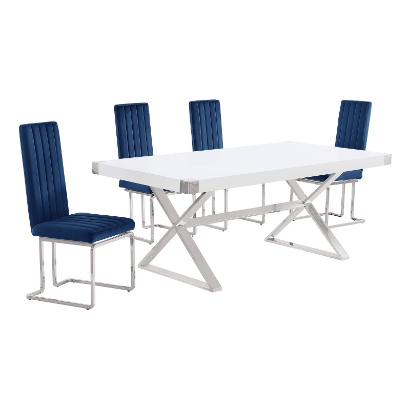 Best Quality Furniture 5PC Wood Dining Set (Dining Table + 4 Navy Blue Chairs)