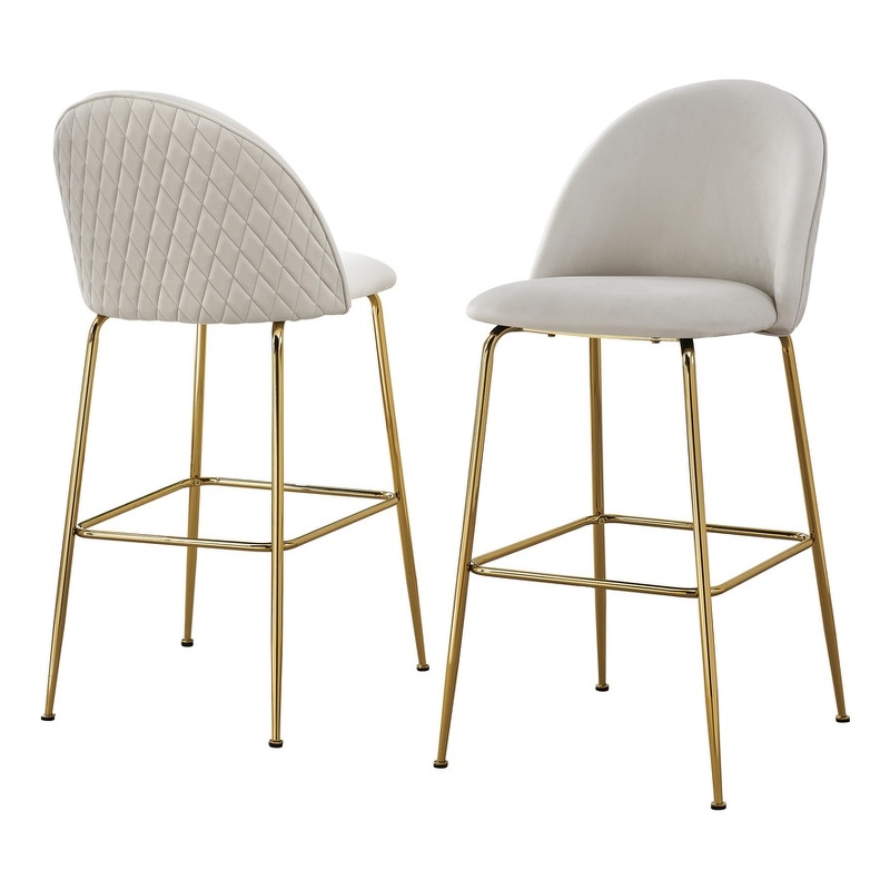 Best Quality Furniture Set of 2 Cream Velvet Quilted Back Bar Stools