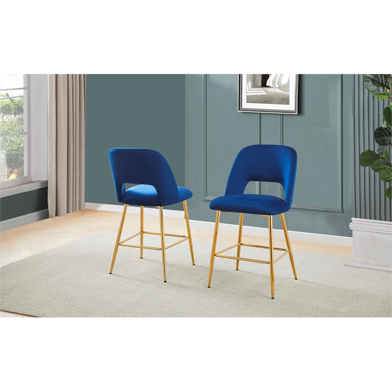Best Quality Furniture Set of 2 Counterheight Chairs in Navy Blue Velvet