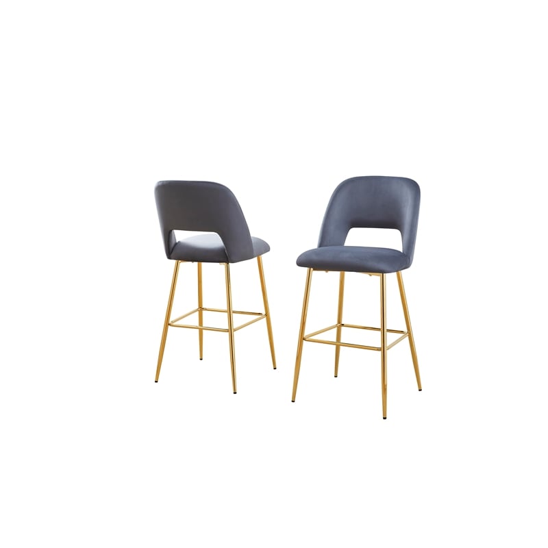 Best Quality Furniture Set of 2 Barstools with Dark Gray Velvet and Gold Chrome