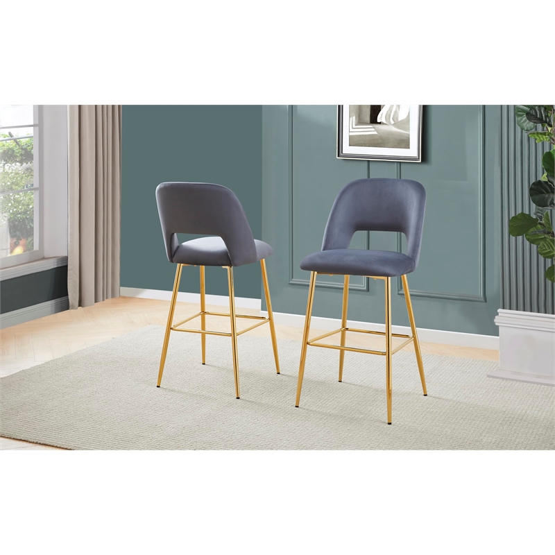 Best Quality Furniture Set of 2 Barstools with Dark Gray Velvet and Gold Chrome