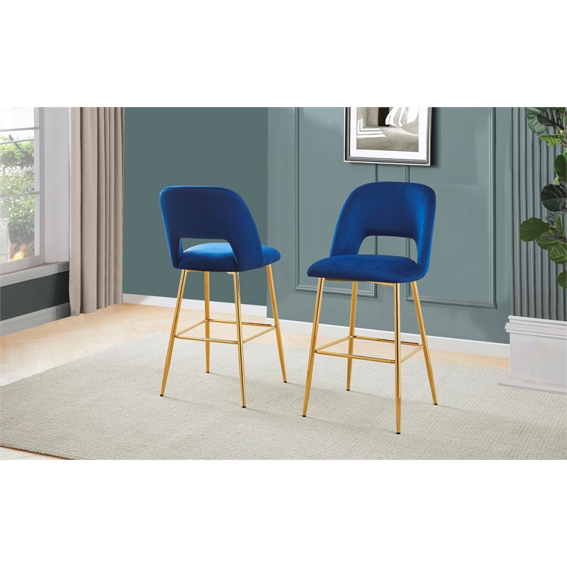 Best Quality Furniture Set of 2 Barstools with Navy Blue Velvet and Gold Chrome