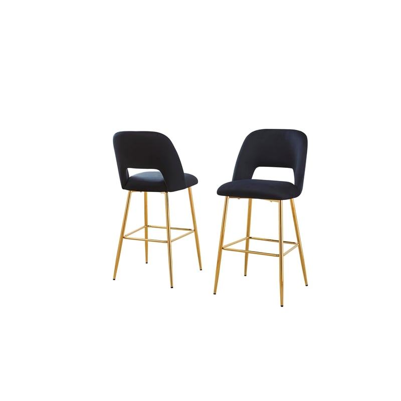 Best Quality Furniture Set of 2 Barstools with Black Velvet and Gold Chrome
