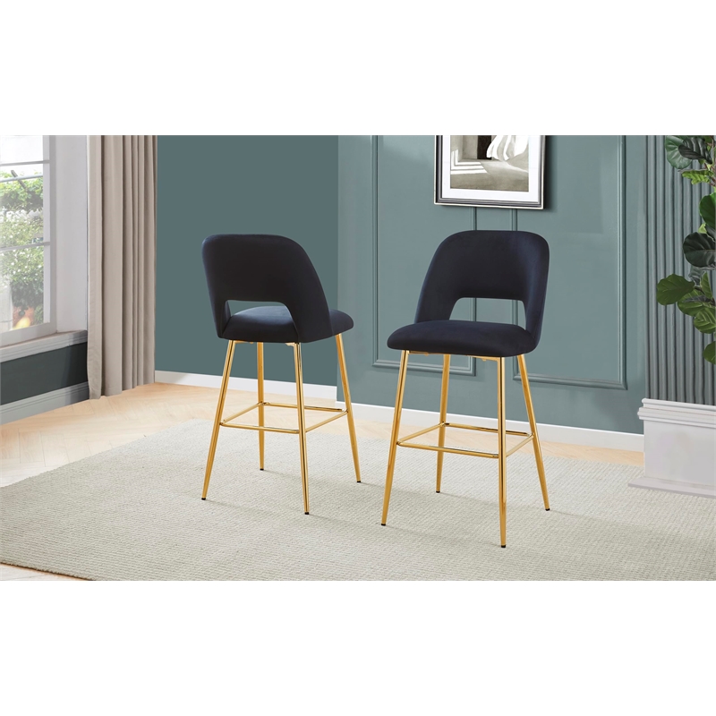 Best Quality Furniture Set of 2 Barstools with Black Velvet and Gold Chrome