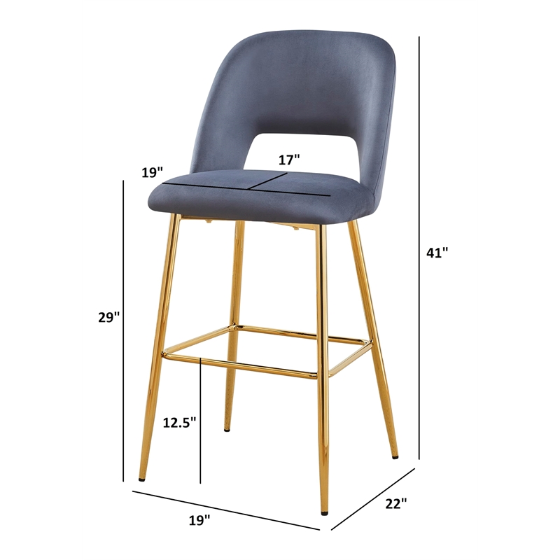 Best Quality Furniture Set of 2 Barstools with Black Velvet and Gold Chrome