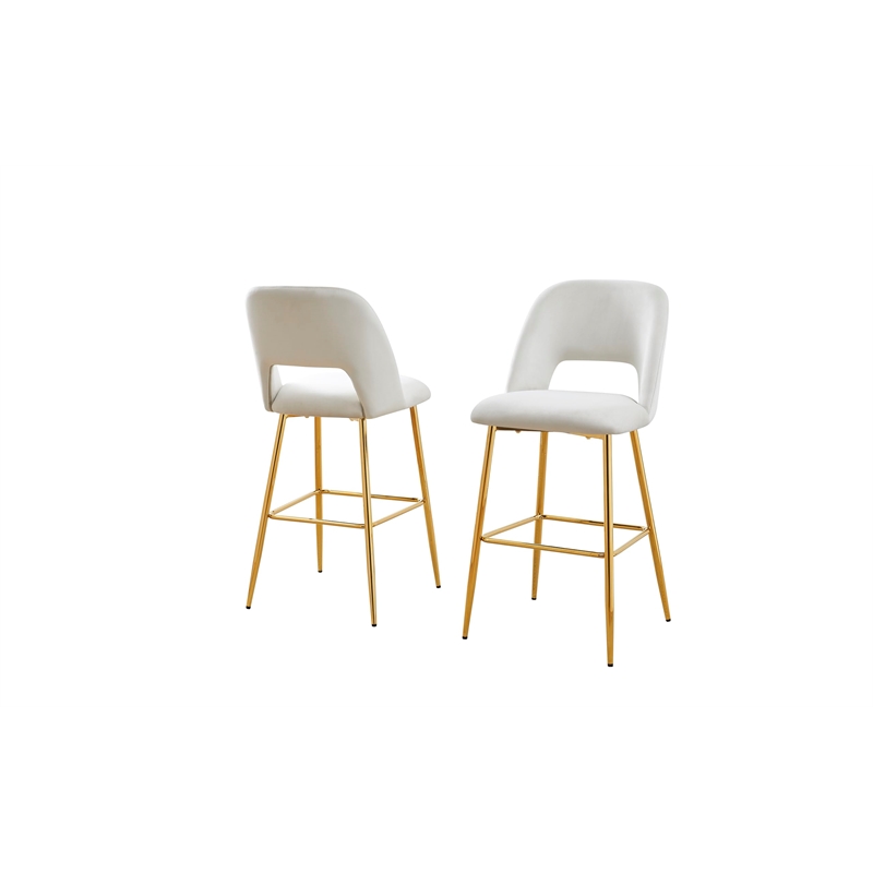 Best Quality Furniture Set of 2 Barstools with Cream Velvet and Gold Chrome