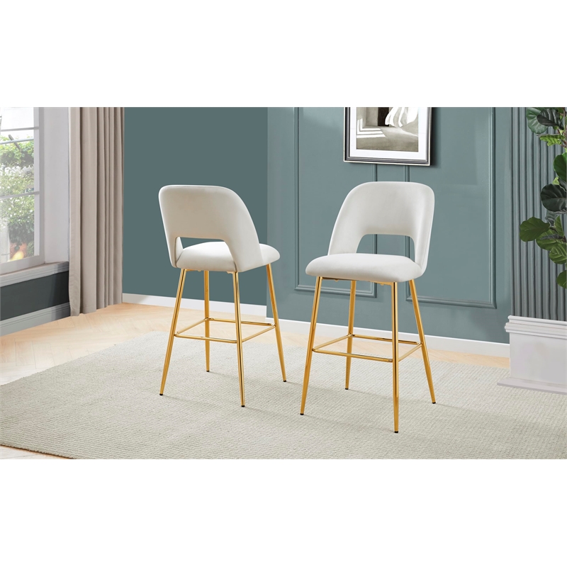 Best Quality Furniture Set of 2 Barstools with Cream Velvet and Gold Chrome