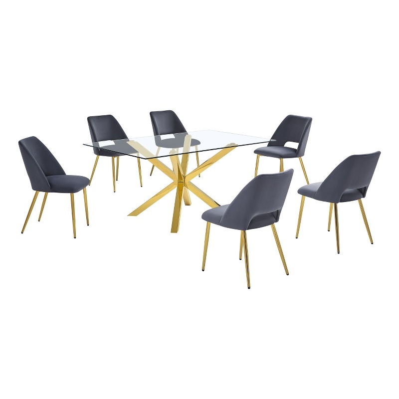 Best Quality Furniture Clear Glass Dining Set w Dark Gray Velvet Chairs