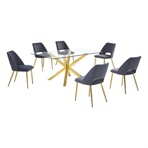 Best Quality Furniture Clear Glass Dining Set w Dark Gray Velvet Chairs