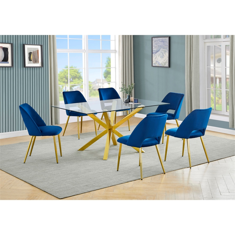 Best Quality Furniture Clear Glass Dining Set w Navy Blue Velvet Chairs