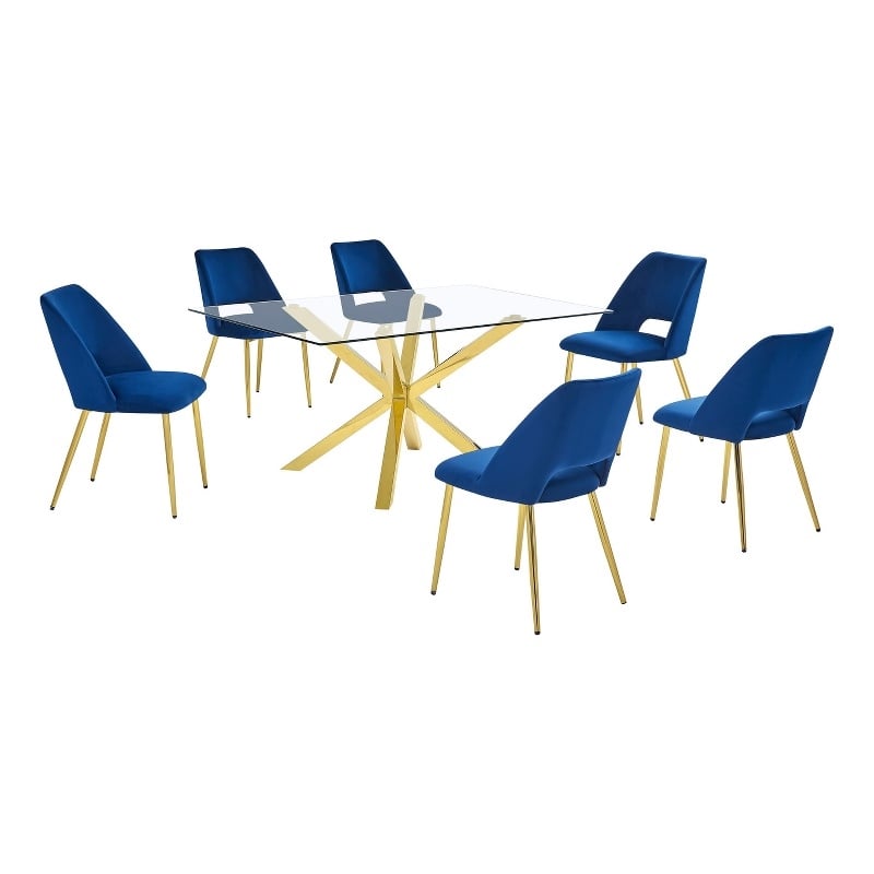 Best Quality Furniture Clear Glass Dining Set w Navy Blue Velvet Chairs