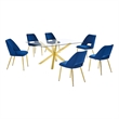 Best Quality Furniture Clear Glass Dining Set w Navy Blue Velvet Chairs