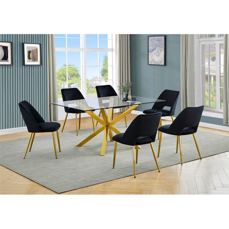 Best Quality Furniture Clear Glass Dining Set w Black Velvet Chairs