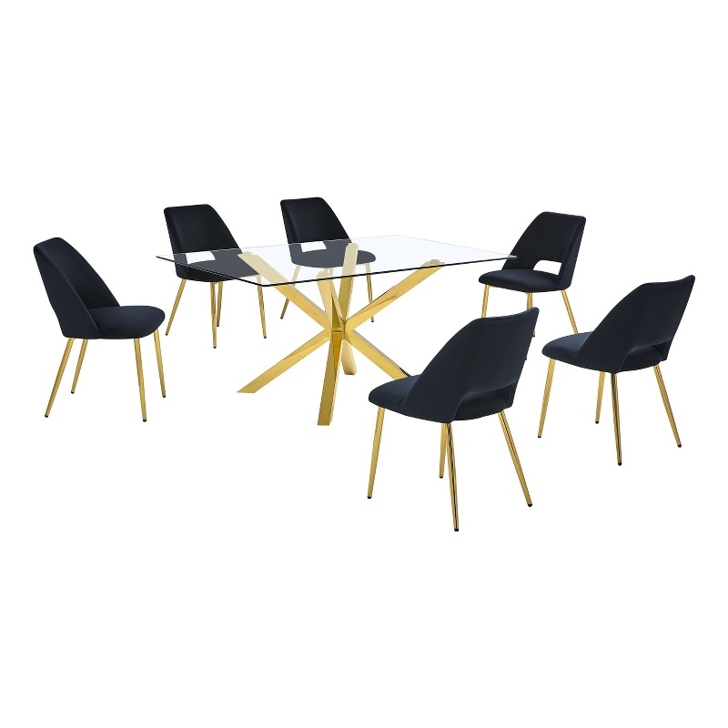Best Quality Furniture Clear Glass Dining Set w Black Velvet Chairs