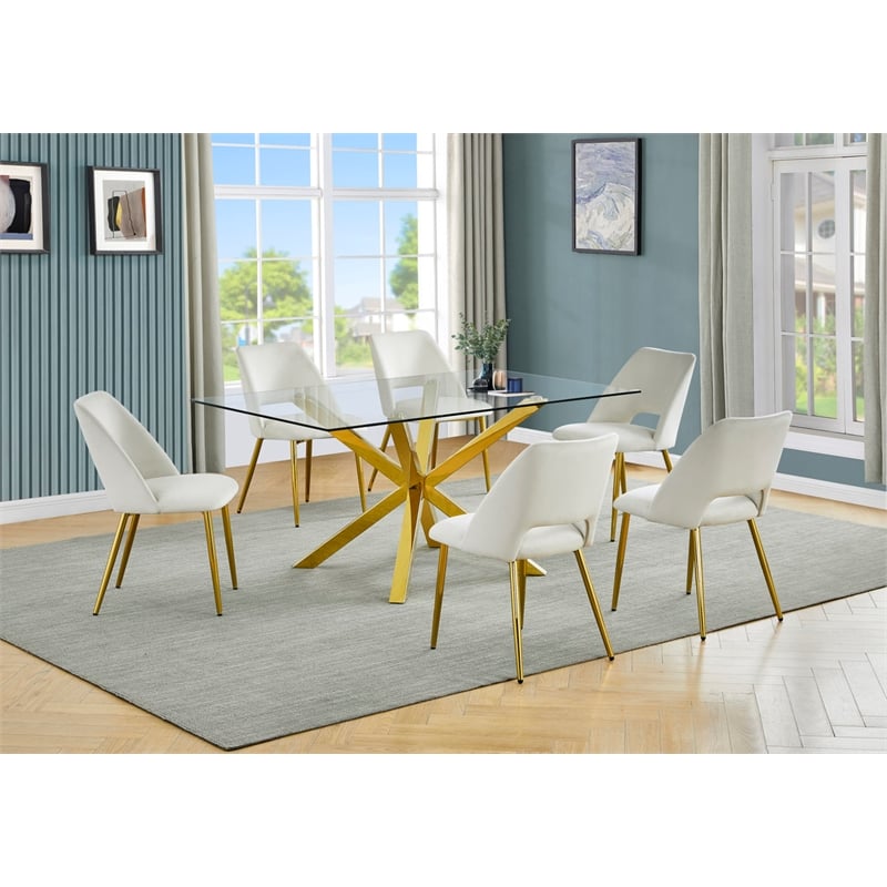 Best Quality Furniture Clear Glass Dining Set w Cream Velvet Chairs