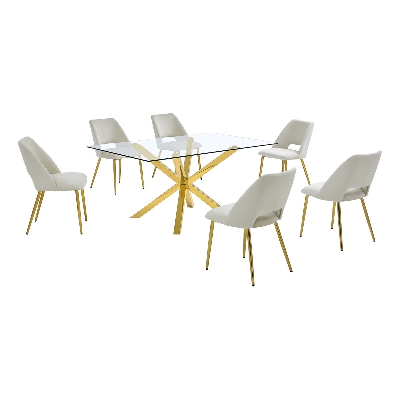Best Quality Furniture Clear Glass Dining Set w Cream Velvet Chairs