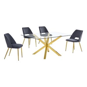 Best Quality Furniture Clear Glass Dining Set w Dark Gray Velvet Chairs