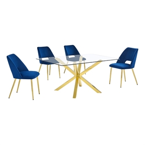 Best Quality Furniture Clear Glass Dining Set w Navy Blue Velvet Chairs