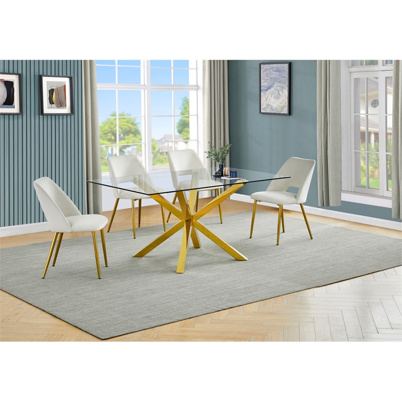 Best Quality Furniture Clear Glass Dining Set w Cream Velvet Chairs