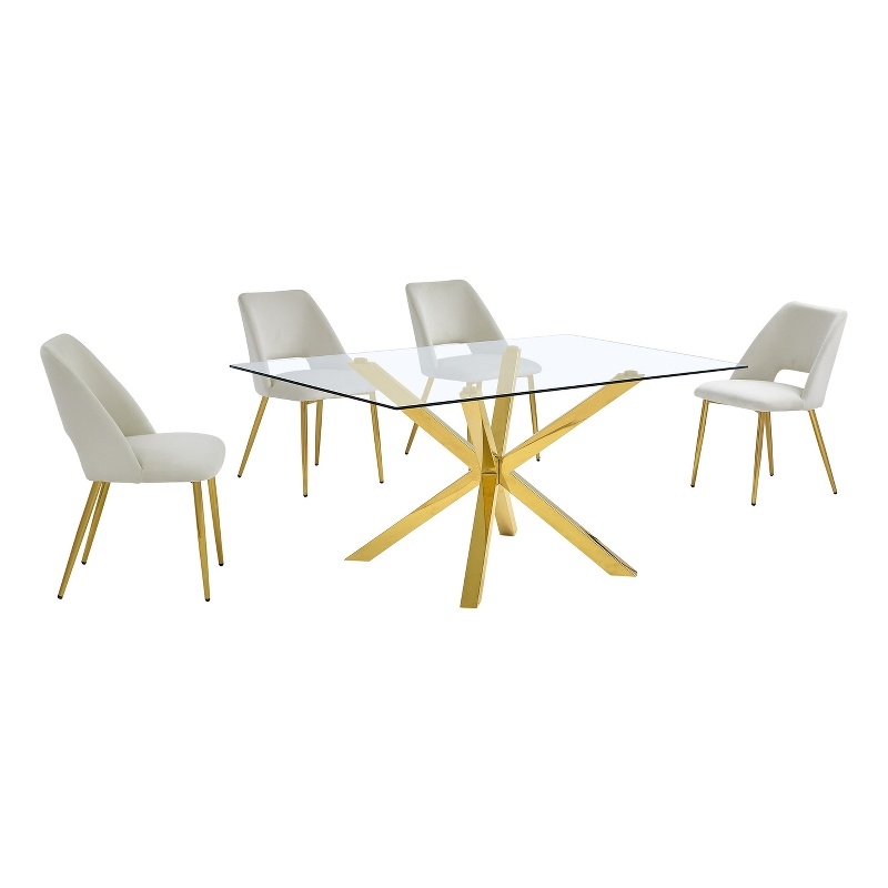 Best Quality Furniture Clear Glass Dining Set w Cream Velvet Chairs