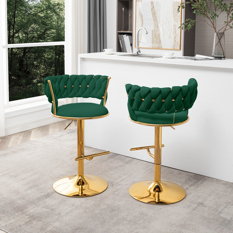 Best Quality Furniture Set of 2 Emerald Green Velvet Upholstered Barstools