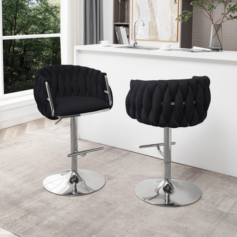 Best Quality Furniture Set of 2 Black Velvet Upholstered Barstools
