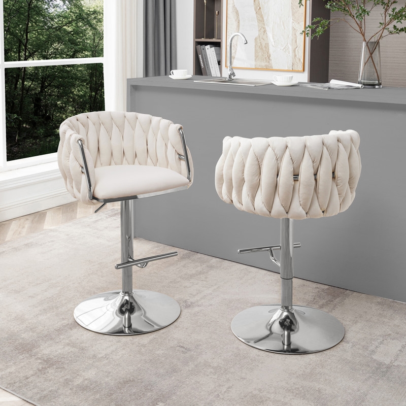 Best Quality Furniture Set of 2 Cream Velvet Upholstered Barstools