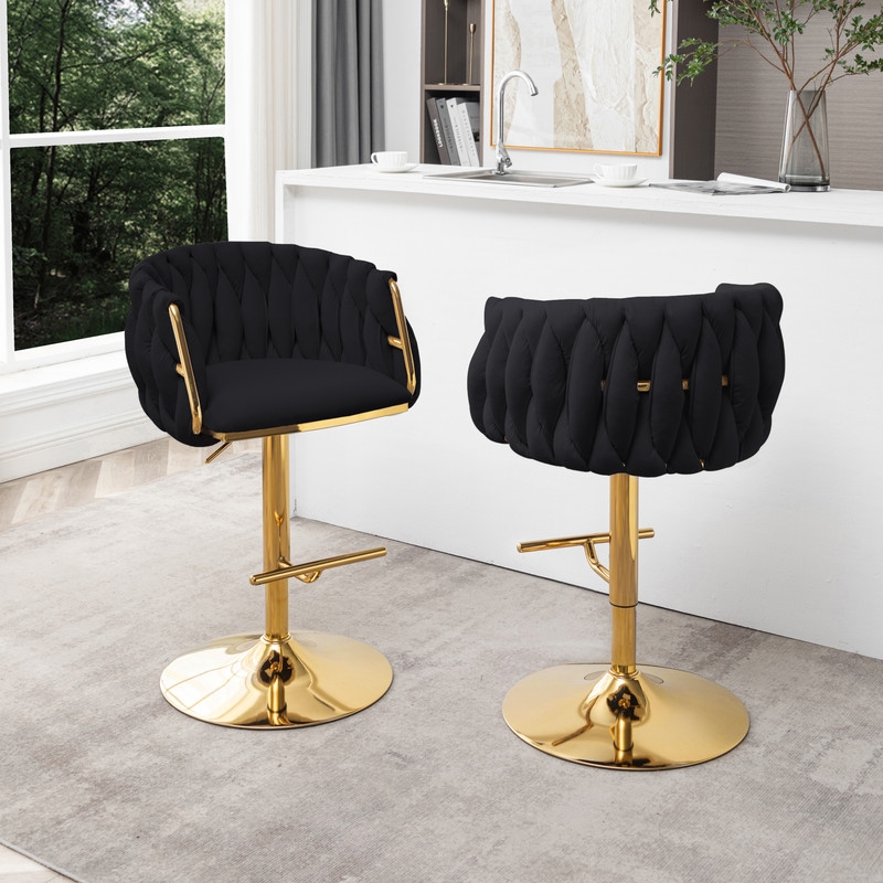 Best Quality Furniture Set of 2 Black Velvet Upholstered Barstools