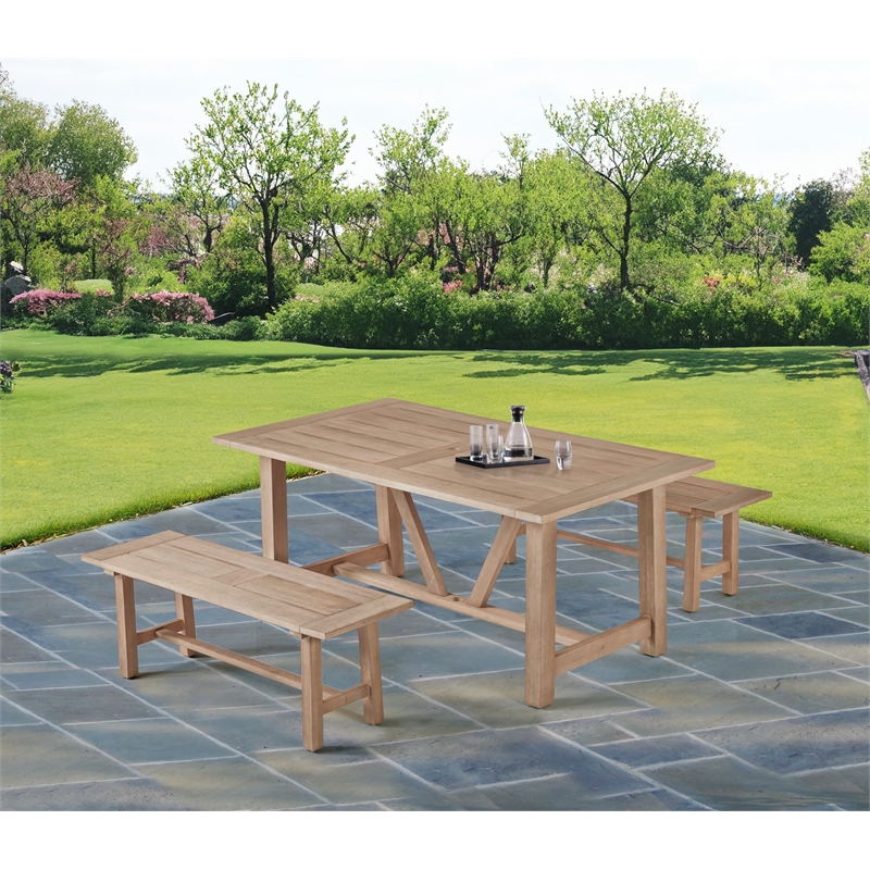 Best Quality Furniture 3pc Rustic Light Oak Acacia Wood Patio Set with Bench