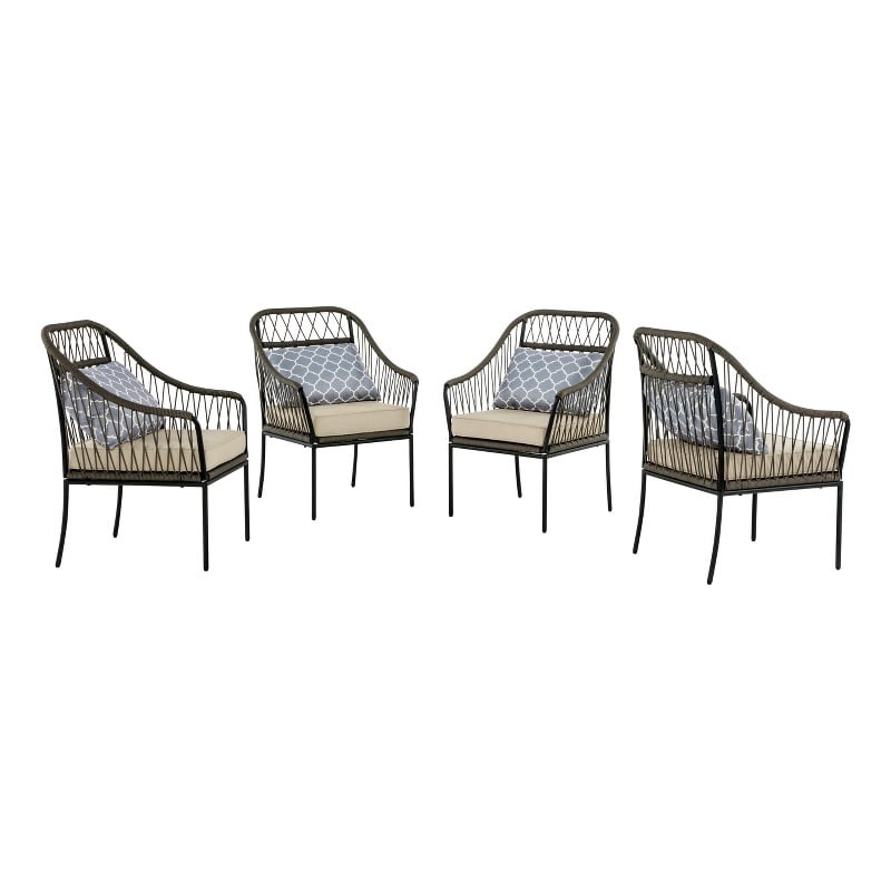 Best Quality Furniture Set of 4 Patio Chairs in Gray Steel Metal with Pillows