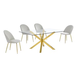 Best Quality Furniture 5pc Glass Dining Set with Cream Velvet Chairs