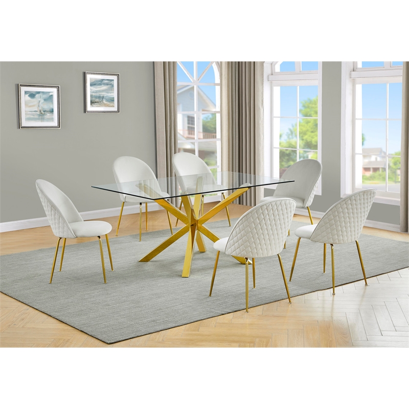 Best Quality Furniture 7pc Glass Dining Set with Cream Velvet Chairs