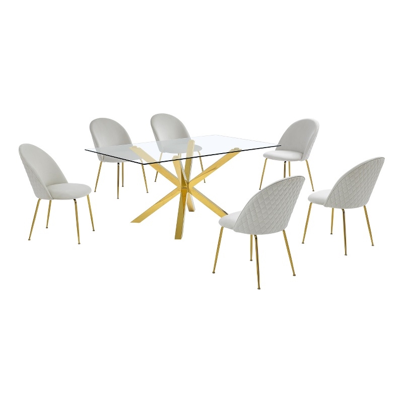 Best Quality Furniture 7pc Glass Dining Set with Cream Velvet Chairs