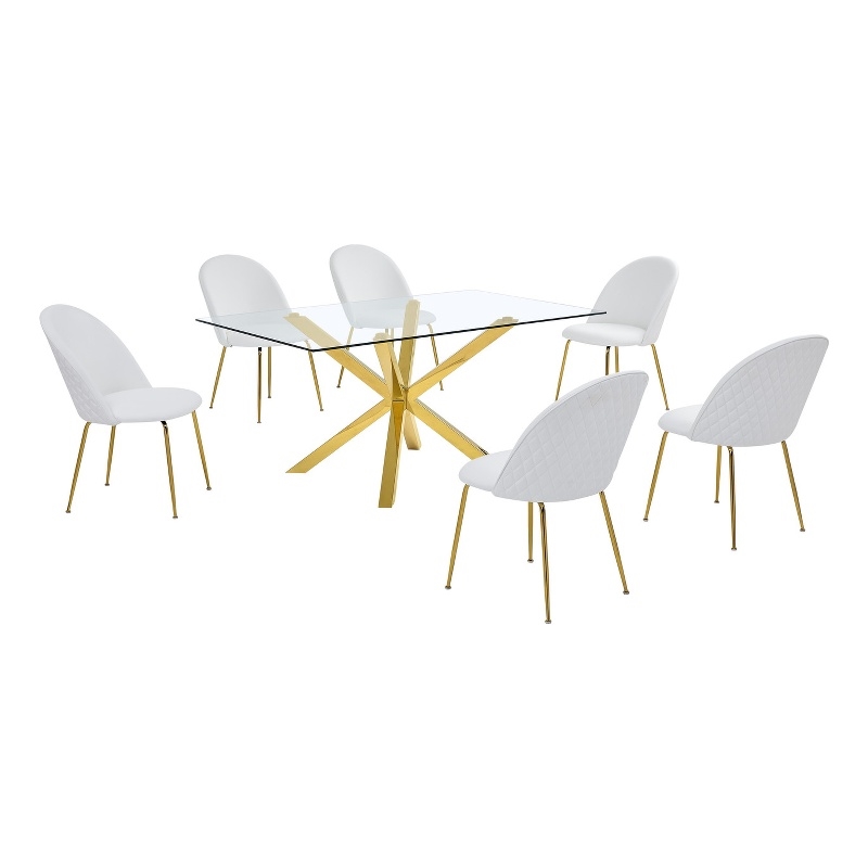 Best Quality Furniture 7pc Glass Dining Set with White Faux Leather Chairs