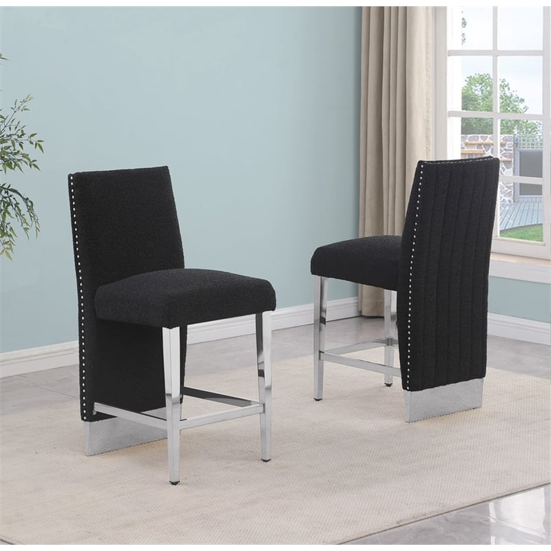 Best Quality Furniture Set of 2 Barstools in Black Boucle Fabric