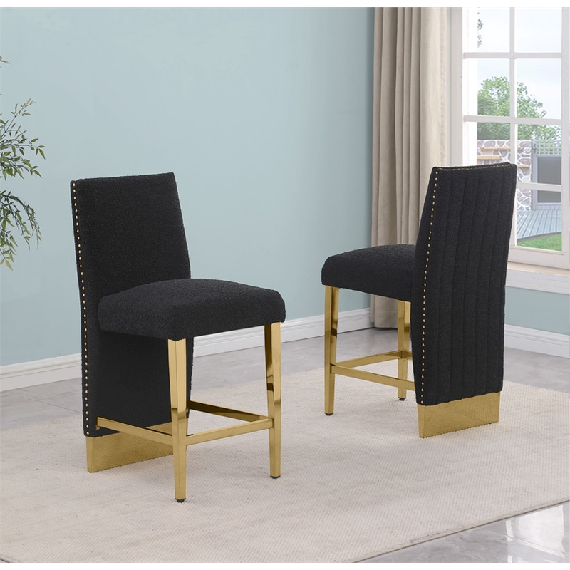 Best Quality Furniture Set of 2 Barstools in Black Boucle Fabric