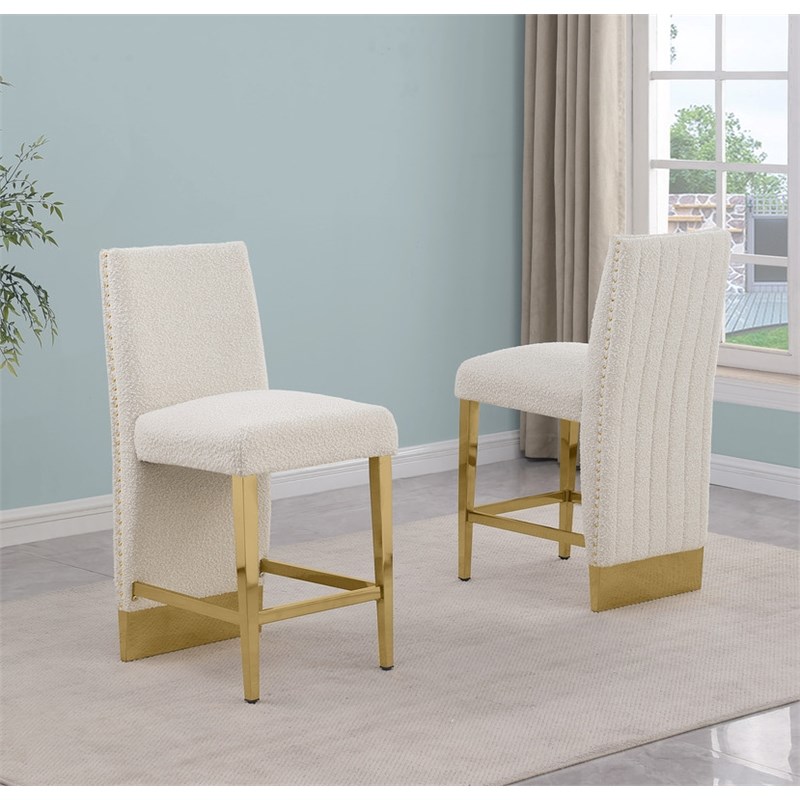 Best Quality Furniture Set of 2 Barstools in Cream Boucle Fabric