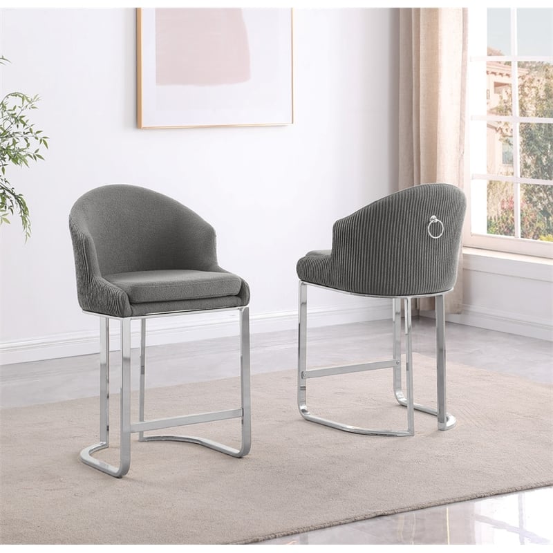 Best Quality Furniture Set of 2 Barstools in Gray Teddy Fabric and Chrome