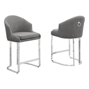 Best Quality Furniture Set of 2 Barstools in Gray Teddy Fabric and Chrome