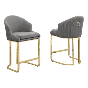 Best Quality Furniture Set of 2 Barstools in Gray Teddy Fabric and Gold Chrome